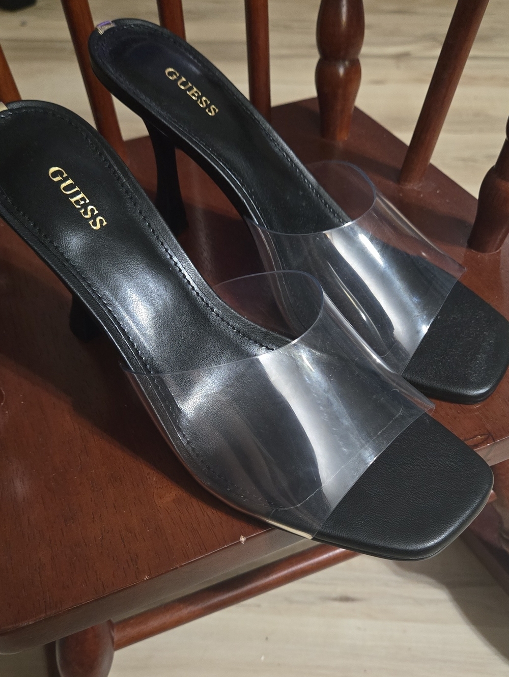 GUESS Black Clear Strap High Heel Mule Sandals
